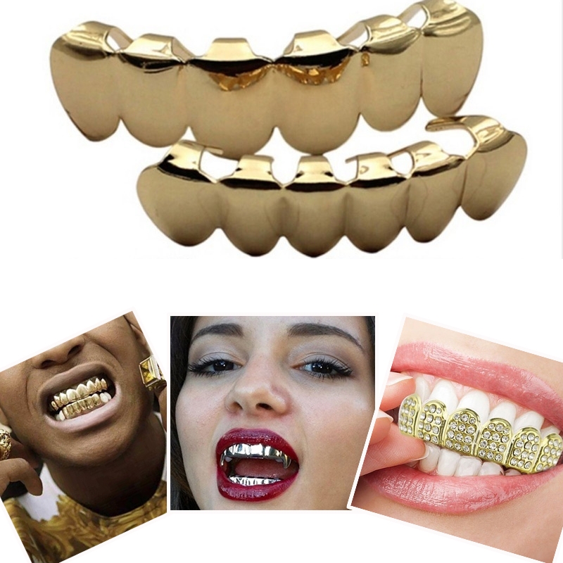 2PCS Hip Hop Golden Braces Teeth Grillz Caps Top Bottom Grill Set Flat Teeth Golden Dental Braces