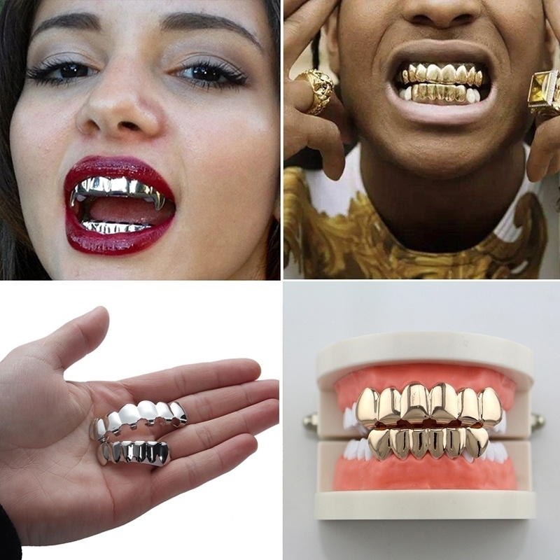 2PCS Hip Hop Golden Braces Teeth Grillz Caps Top Bottom Grill Set Flat Teeth Golden Dental Braces