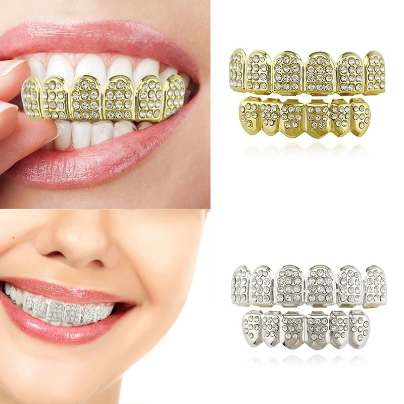 2PCS Hip Hop Golden Braces Teeth Grillz Caps Top Bottom Grill Set Flat Teeth Golden Dental Braces