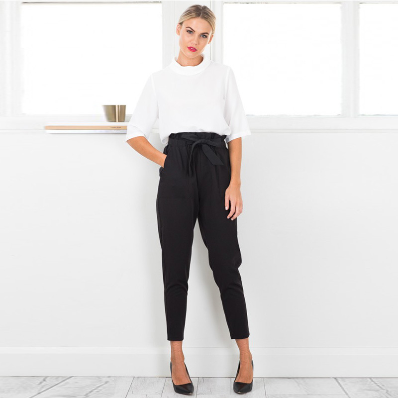 Women High Waist Harem Pants Bow Tie Drawstring Elastic Waist Pockets Casual Trousers