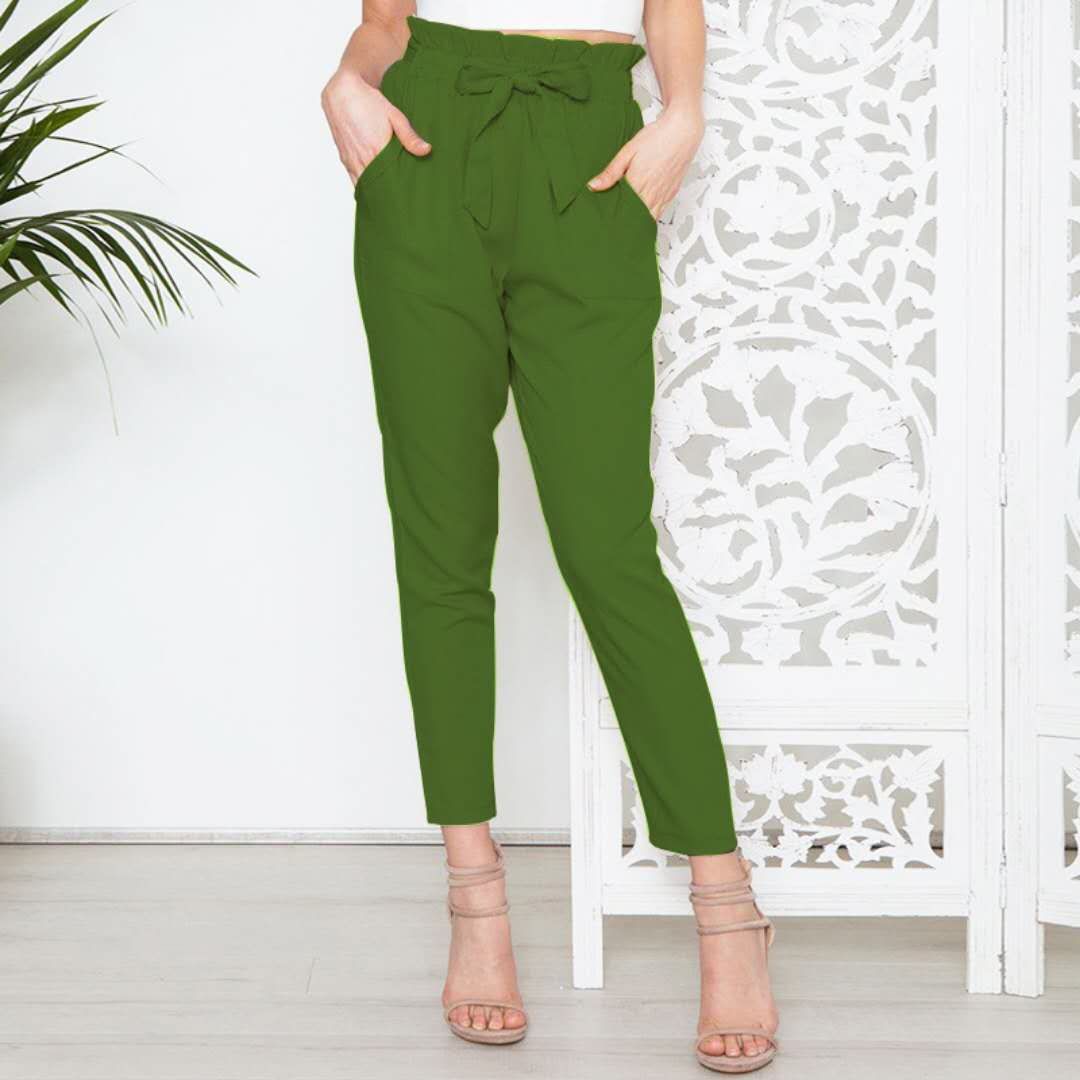 Women High Waist Harem Pants Bow Tie Drawstring Elastic Waist Pockets Casual Trousers
