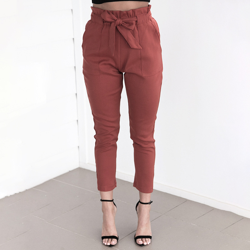 Women High Waist Harem Pants Bow Tie Drawstring Elastic Waist Pockets Casual Trousers