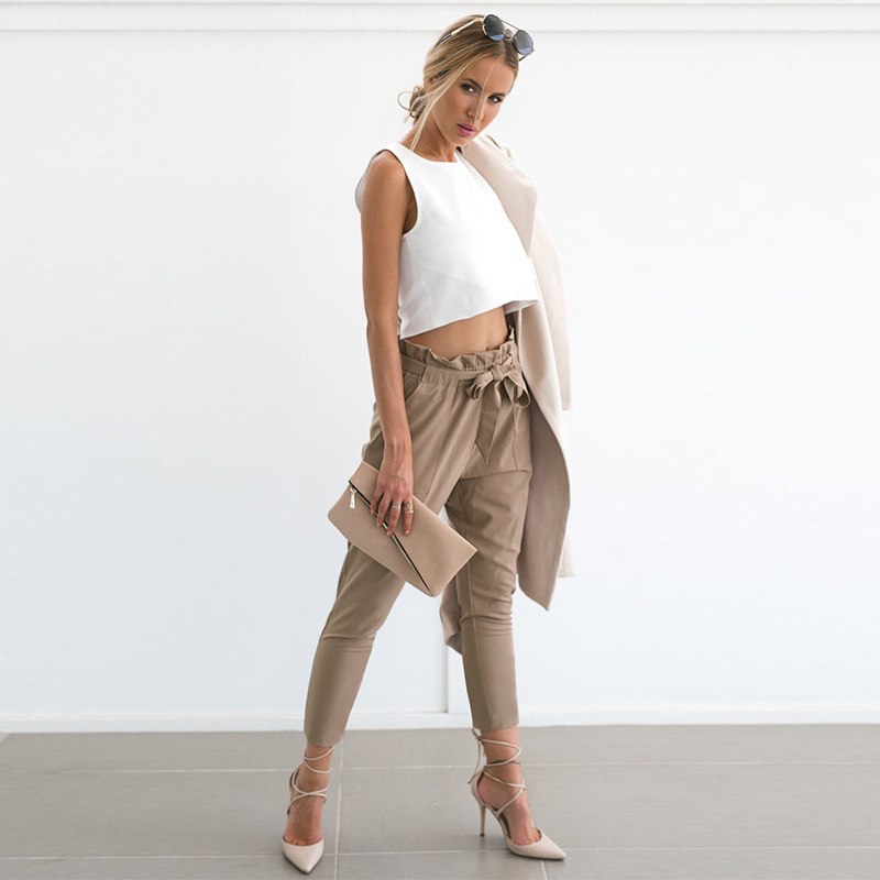 Women High Waist Harem Pants Bow Tie Drawstring Elastic Waist Pockets Casual Trousers