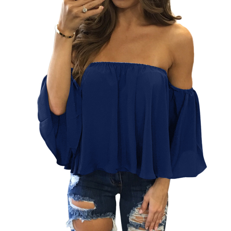 Women Off Shoulder Ladies Tops Pullover Casual Blouse Hals Langarm Chiffon Schulter Chiffon Blouse
