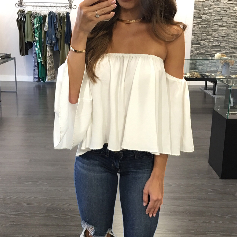 Women Off Shoulder Ladies Tops Pullover Casual Blouse Hals Langarm Chiffon Schulter Chiffon Blouse