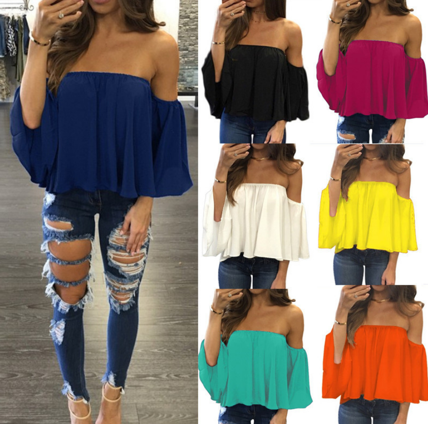 Women Off Shoulder Ladies Tops Pullover Casual Blouse Hals Langarm Chiffon Schulter Chiffon Blouse