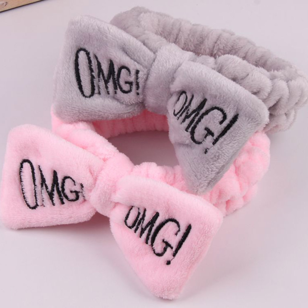 New OMG Letter Coral Fleece Wash Face Bow Hairbands For Women Girls Headbands Headwear Hair Bands
