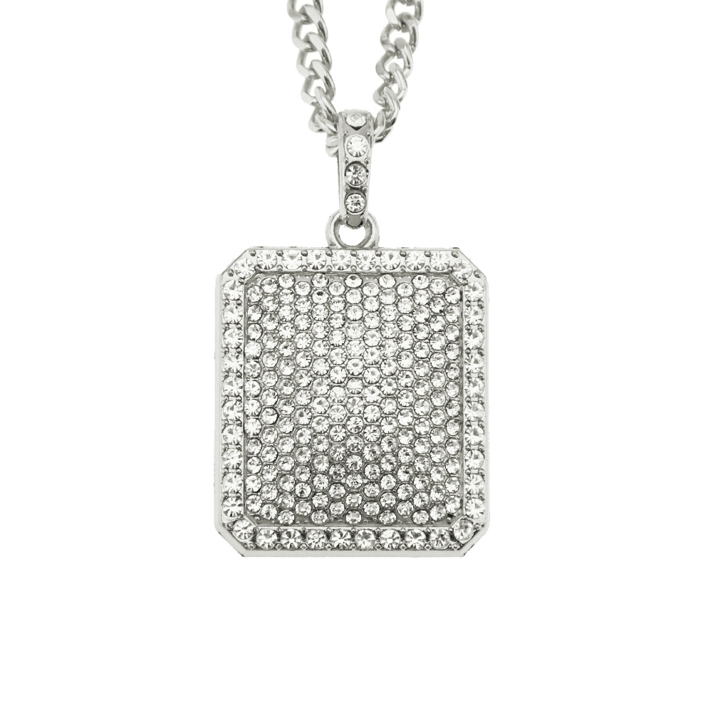 Men Full Iced Out Rhinestone Gold Silver Square Dog Tag Pendant Cuban Chain Hip Hop Necklace