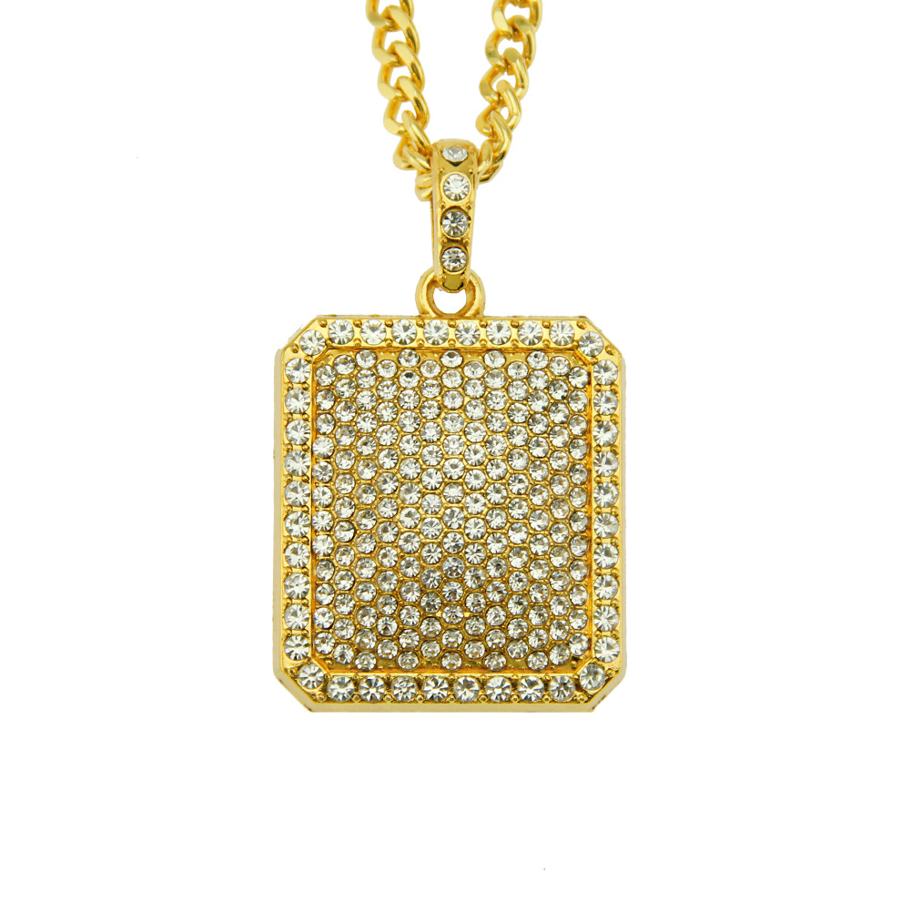 Men Full Iced Out Rhinestone Gold Silver Square Dog Tag Pendant Cuban Chain Hip Hop Necklace