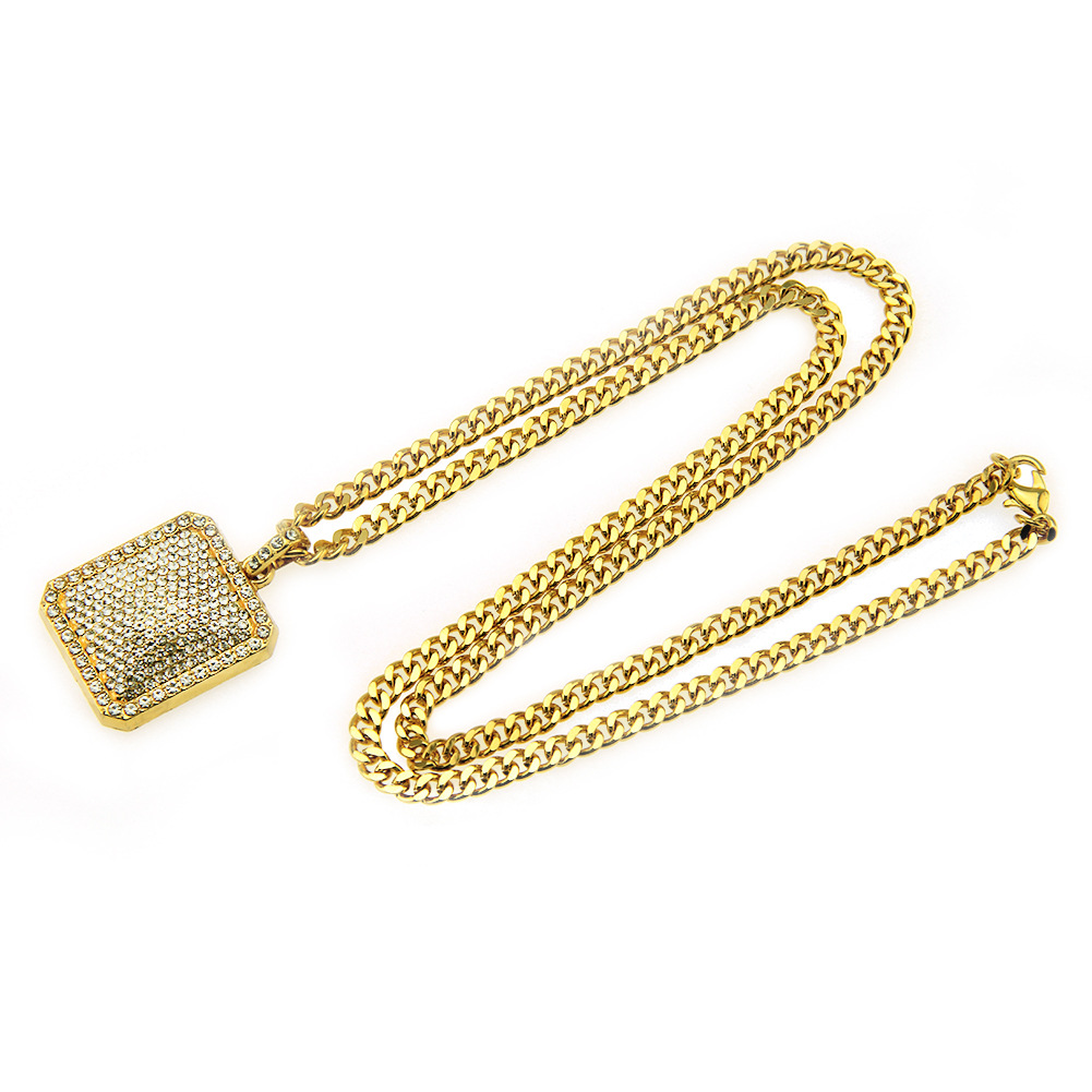 Men Full Iced Out Rhinestone Gold Silver Square Dog Tag Pendant Cuban Chain Hip Hop Necklace