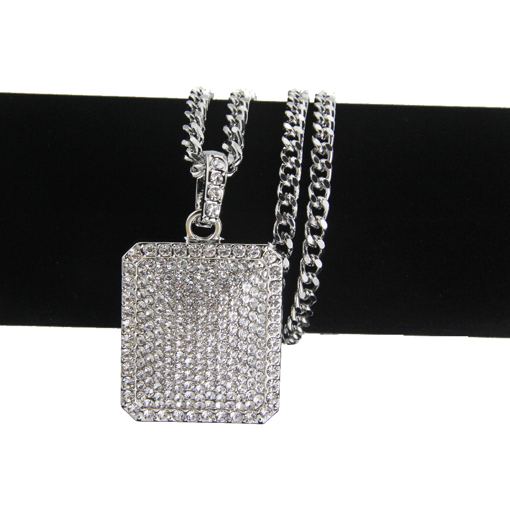Men Full Iced Out Rhinestone Gold Silver Square Dog Tag Pendant Cuban Chain Hip Hop Necklace