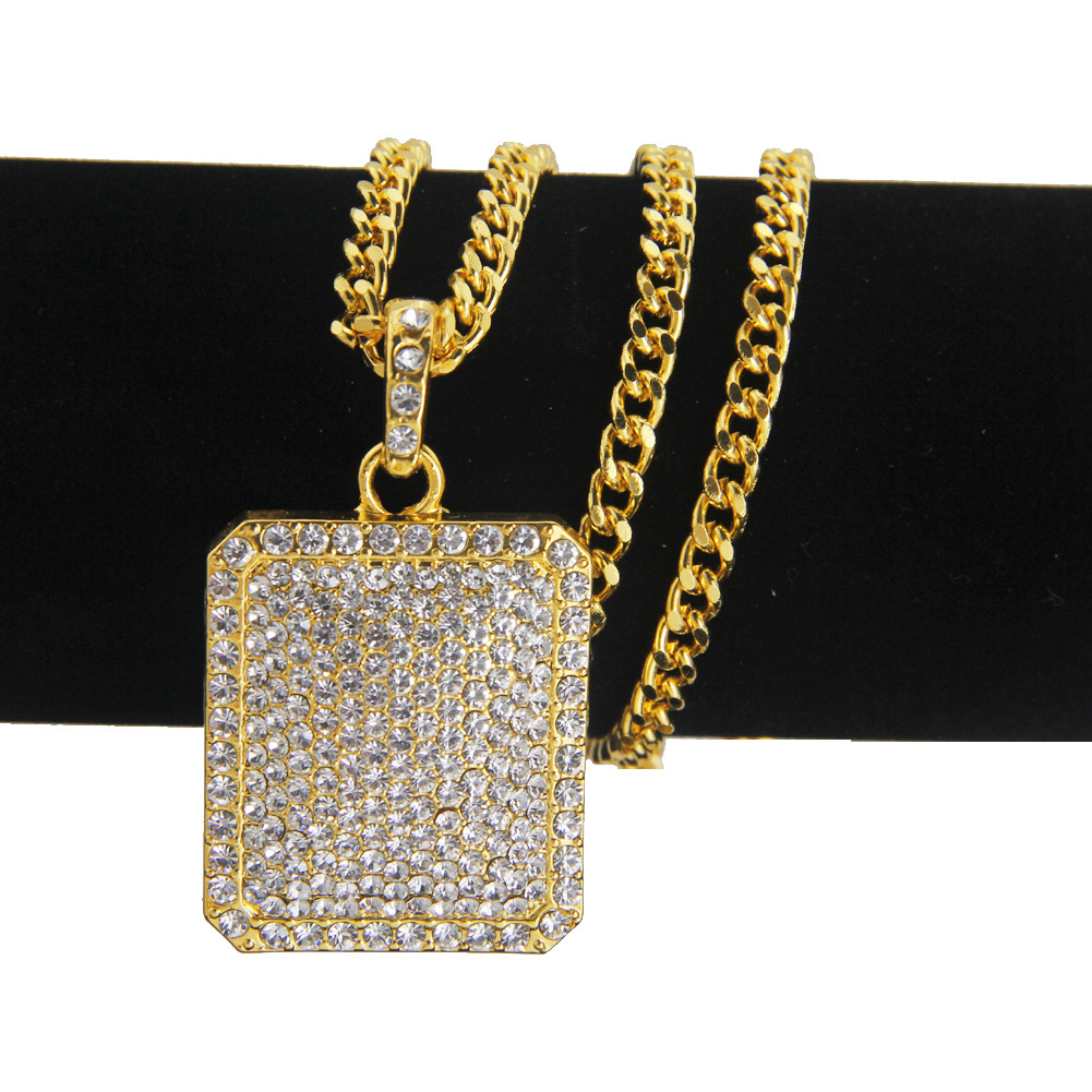 Men Full Iced Out Rhinestone Gold Silver Square Dog Tag Pendant Cuban Chain Hip Hop Necklace