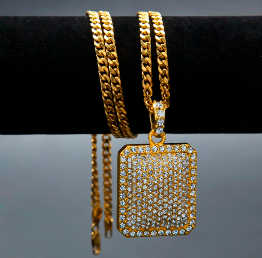Men Full Iced Out Rhinestone Gold Silver Square Dog Tag Pendant Cuban Chain Hip Hop Necklace