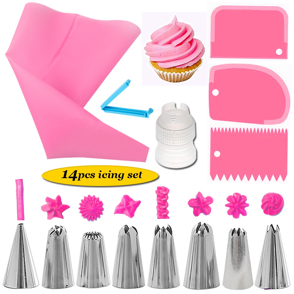 14Pcs/Set Icing Piping Nozzles Set with Pastry Bag Scraper Cream Tips Reusable Cake Decorating Tool
