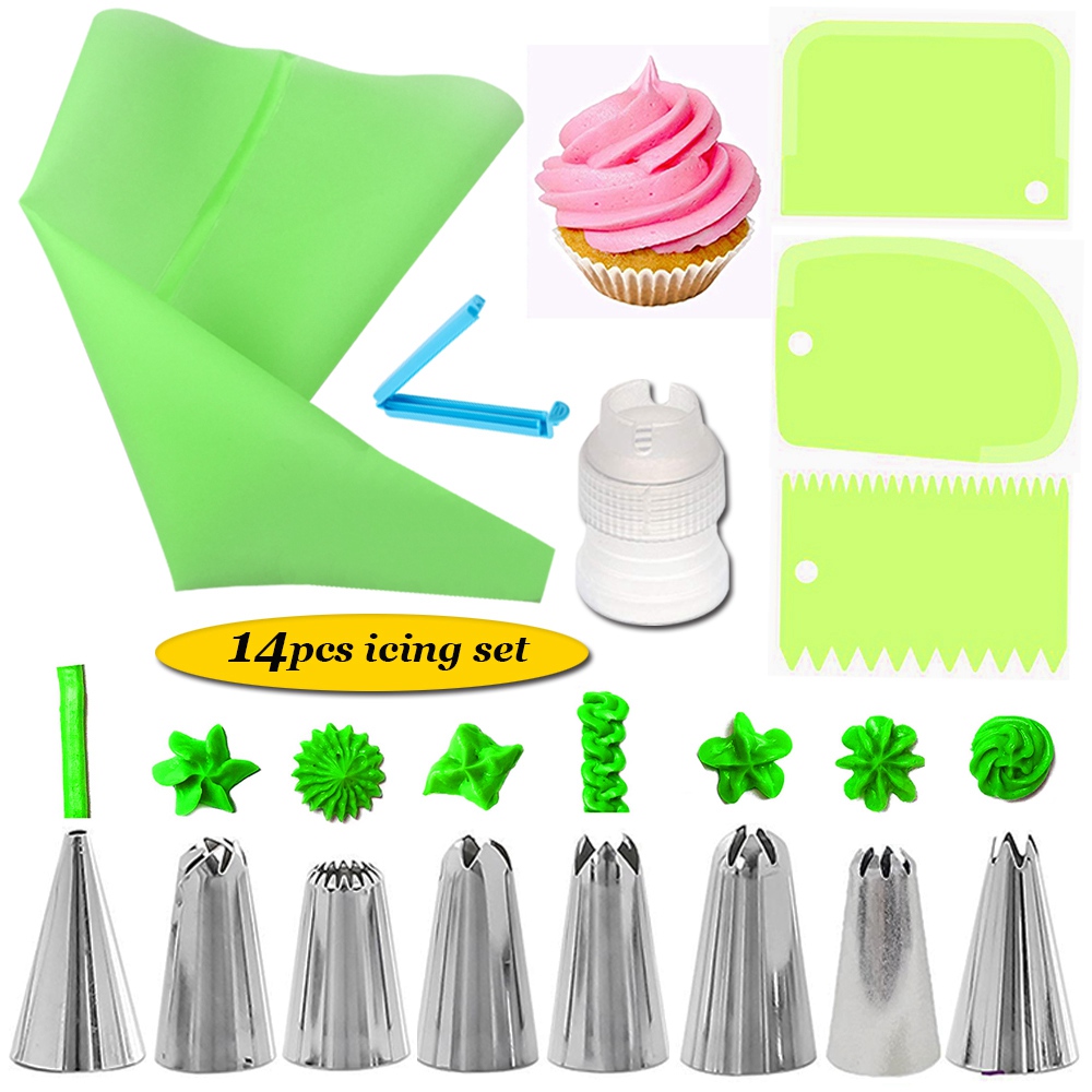 14Pcs/Set Icing Piping Nozzles Set with Pastry Bag Scraper Cream Tips Reusable Cake Decorating Tool