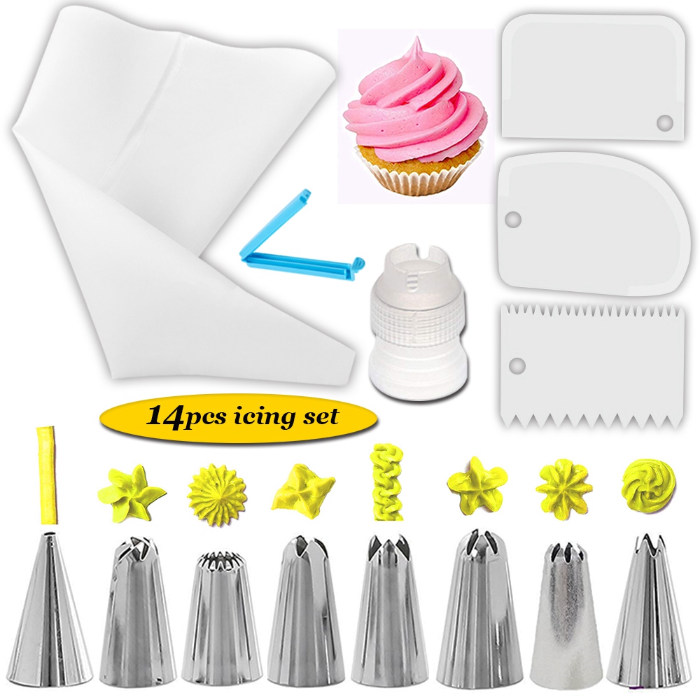 14Pcs/Set Icing Piping Nozzles Set with Pastry Bag Scraper Cream Tips Reusable Cake Decorating Tool