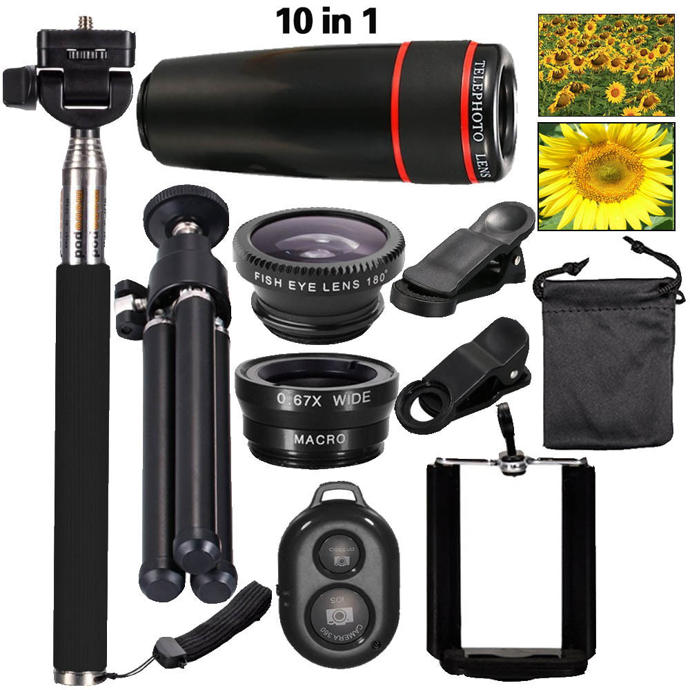 10 In 1 Universal Phone Camera Zoom Lens Telephoto Lens Wide Angle FishEye Tripod for iPhone Phones