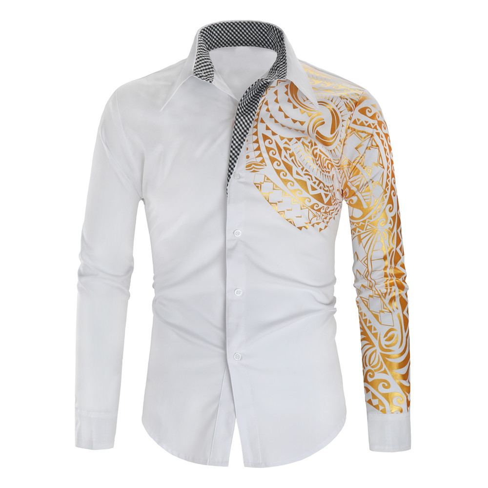 Luxury Shirts Men New Slim Fit Long Sleeve Gold Stamping Shirt Men Club Prom Shirt