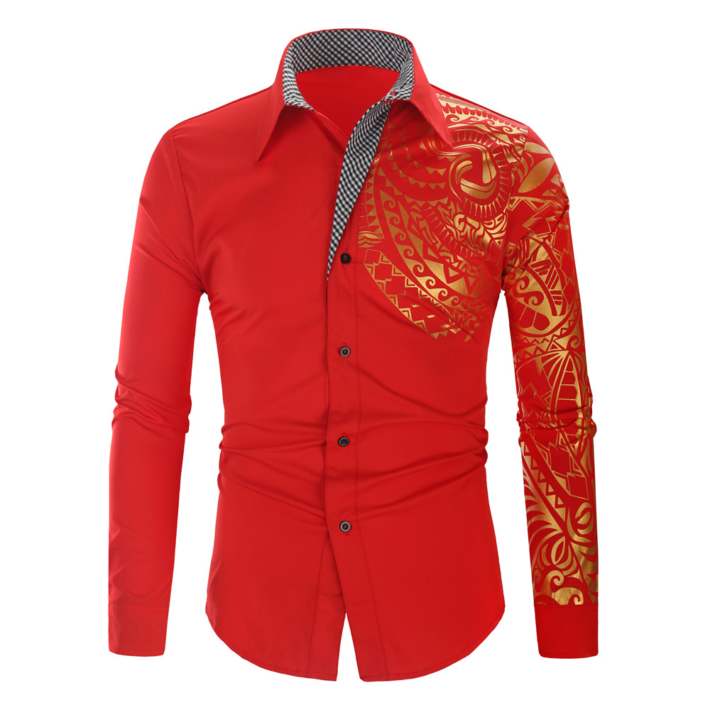 Luxury Shirts Men New Slim Fit Long Sleeve Gold Stamping Shirt Men Club Prom Shirt