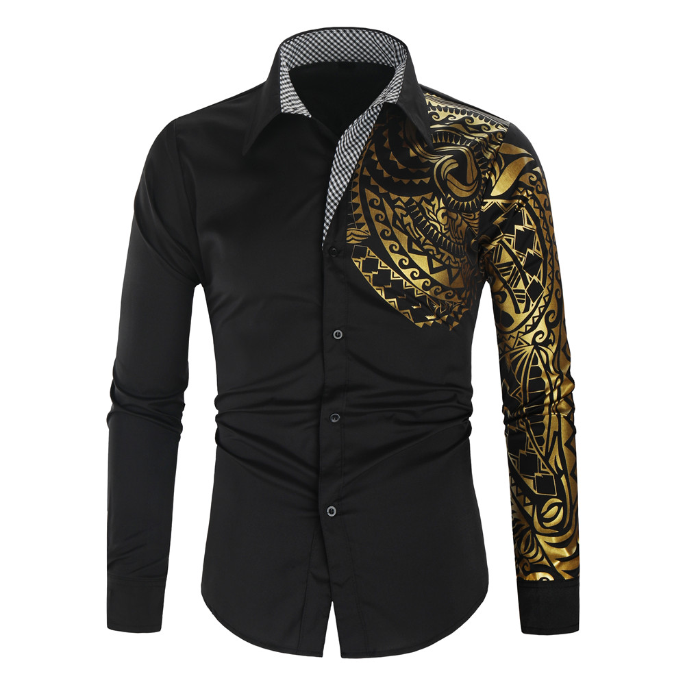 Luxury Shirts Men New Slim Fit Long Sleeve Gold Stamping Shirt Men Club Prom Shirt