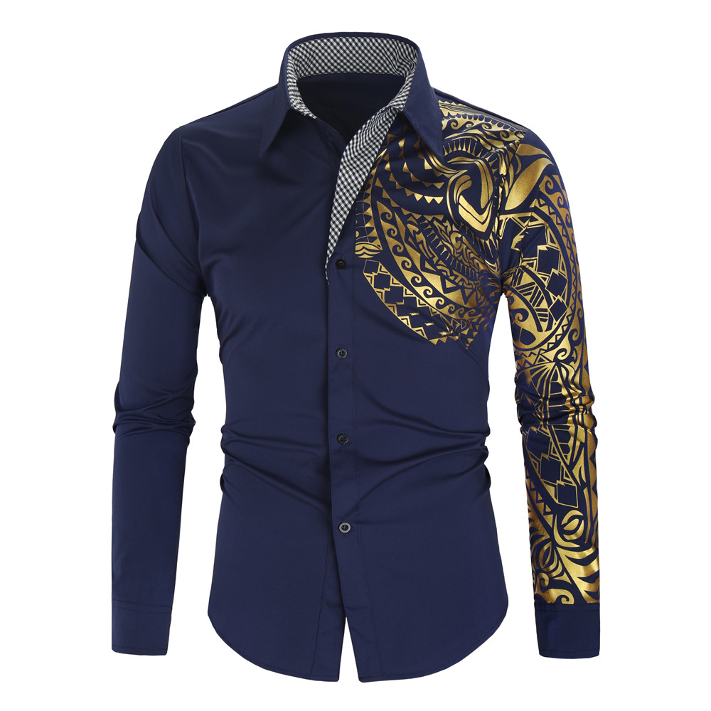 Luxury Shirts Men New Slim Fit Long Sleeve Gold Stamping Shirt Men Club Prom Shirt