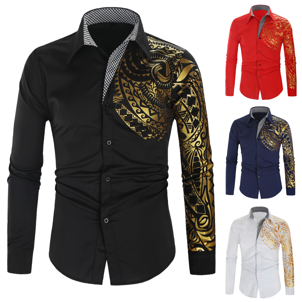 Luxury Shirts Men New Slim Fit Long Sleeve Gold Stamping Shirt Men Club Prom Shirt