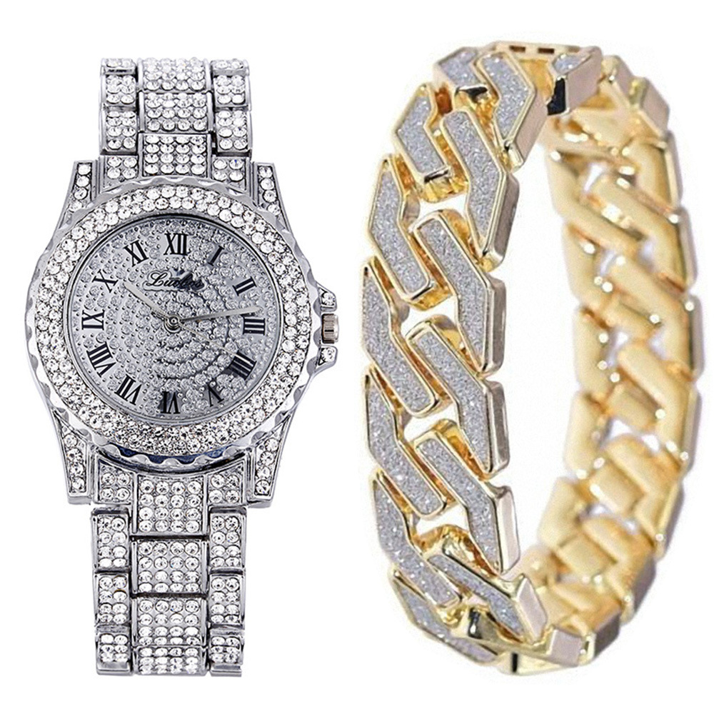 2Pcs/Set Men Bling Iced Out Paved Men&apos;s Watches + Glitter Cuban Bracelets Hip Hop Jewelry Gift
