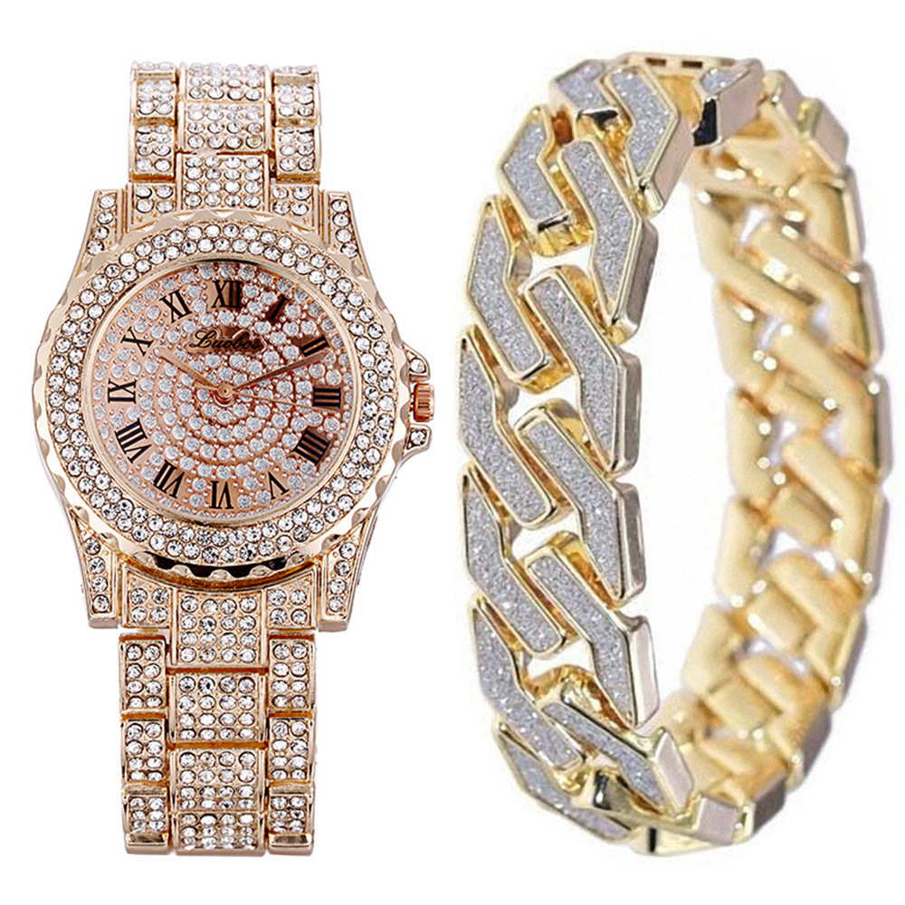 2Pcs/Set Men Bling Iced Out Paved Men&apos;s Watches + Glitter Cuban Bracelets Hip Hop Jewelry Gift