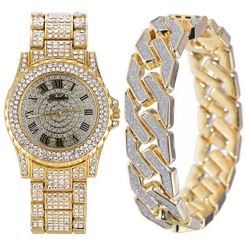 2Pcs/Set Men Bling Iced Out Paved Men&apos;s Watches + Glitter Cuban Bracelets Hip Hop Jewelry Gift