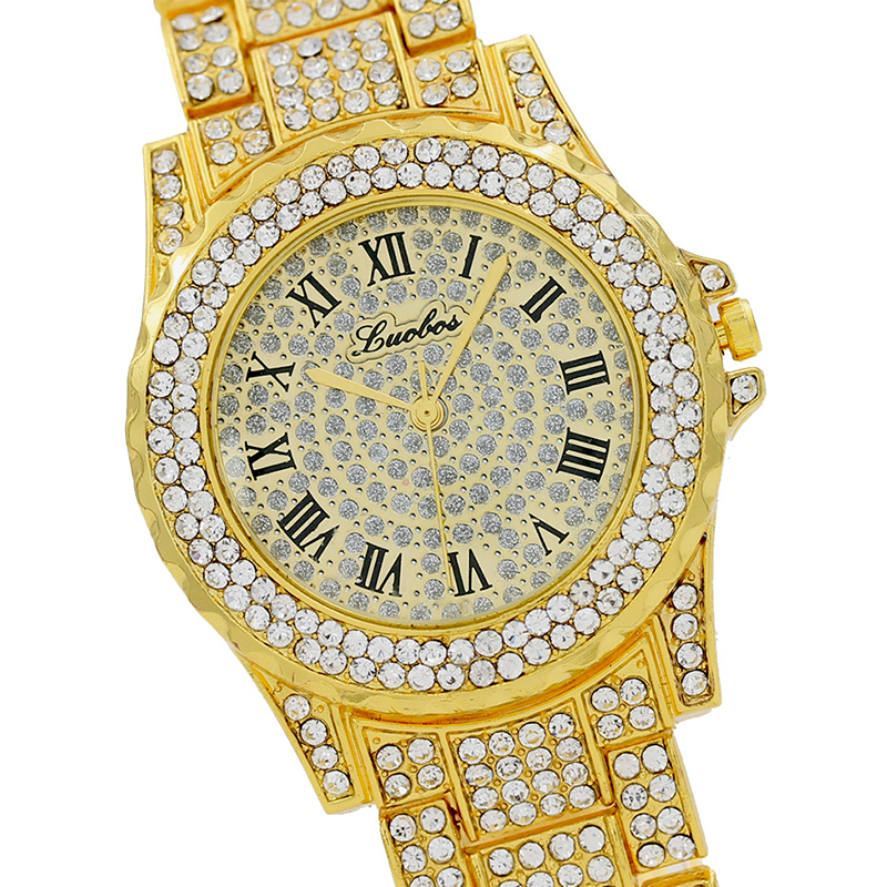 2Pcs/Set Men Bling Iced Out Paved Men&apos;s Watches + Glitter Cuban Bracelets Hip Hop Jewelry Gift