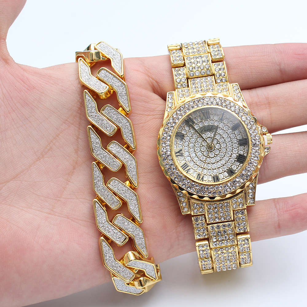 2Pcs/Set Men Bling Iced Out Paved Men&apos;s Watches + Glitter Cuban Bracelets Hip Hop Jewelry Gift