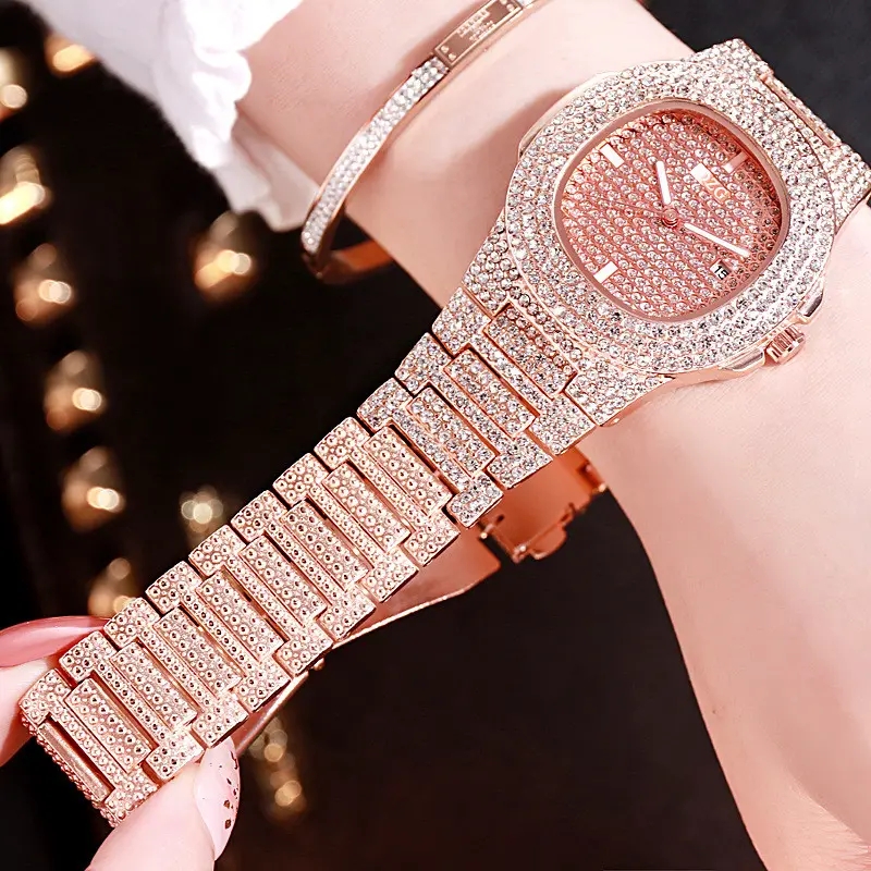 Hot Rose Gold Women&apos;s Watches Stainless Steel Band Watch Fashion Quartz Gold Watch Crystal Diamond