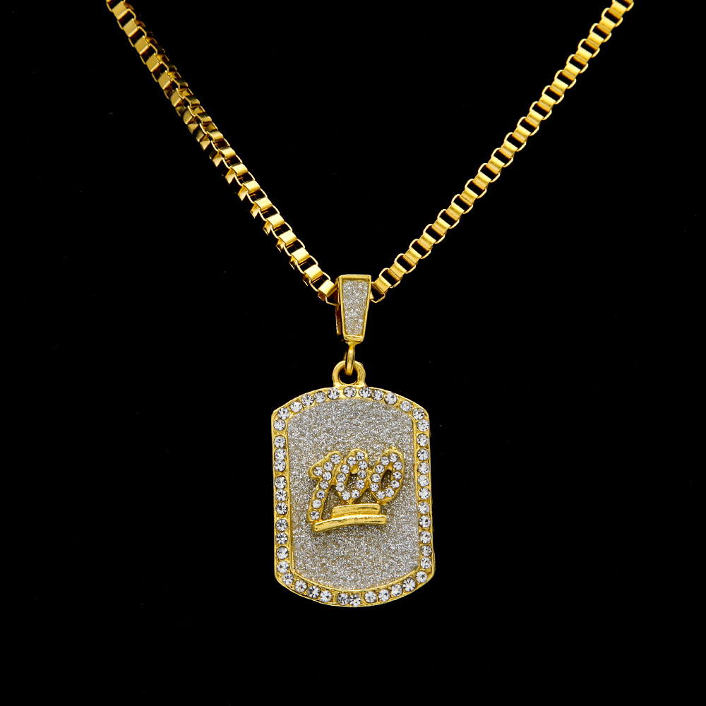 Full Bling Rhinestones Dog Tag Pendant Necklace One Hundred With Box Chain Jesus Hip hop Jewelry