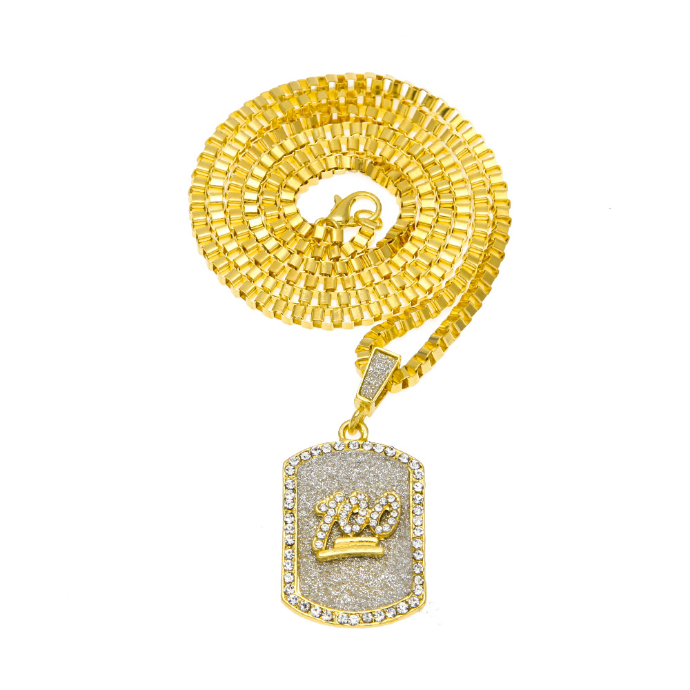Full Bling Rhinestones Dog Tag Pendant Necklace One Hundred With Box Chain Jesus Hip hop Jewelry