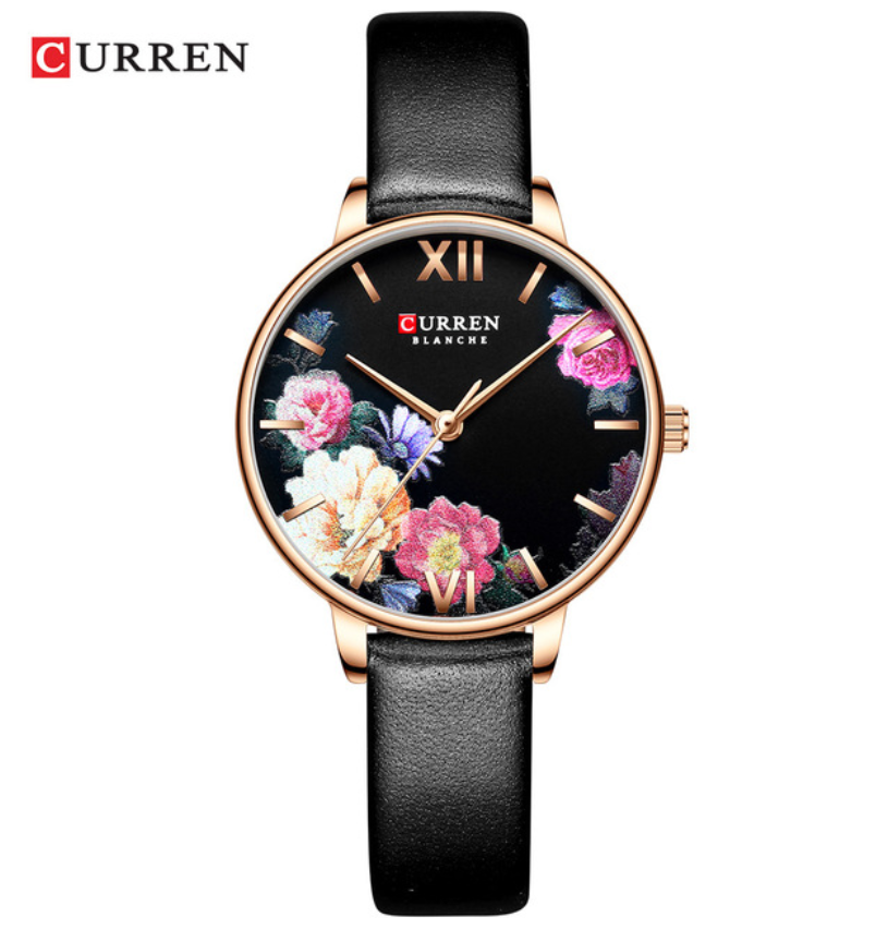 CURREN Beautiful Flower Design Women&apos;s Watches Leather Wristwatch Ladies Clock Women Quartz Watch