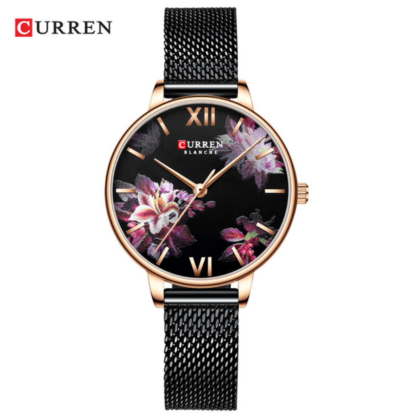CURREN Beautiful Flower Design Women&apos;s Watches Leather Wristwatch Ladies Clock Women Quartz Watch