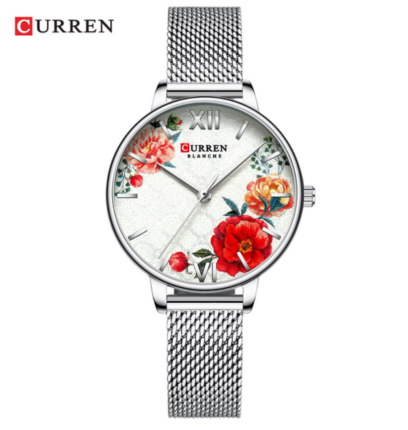 CURREN Beautiful Flower Design Women&apos;s Watches Leather Wristwatch Ladies Clock Women Quartz Watch