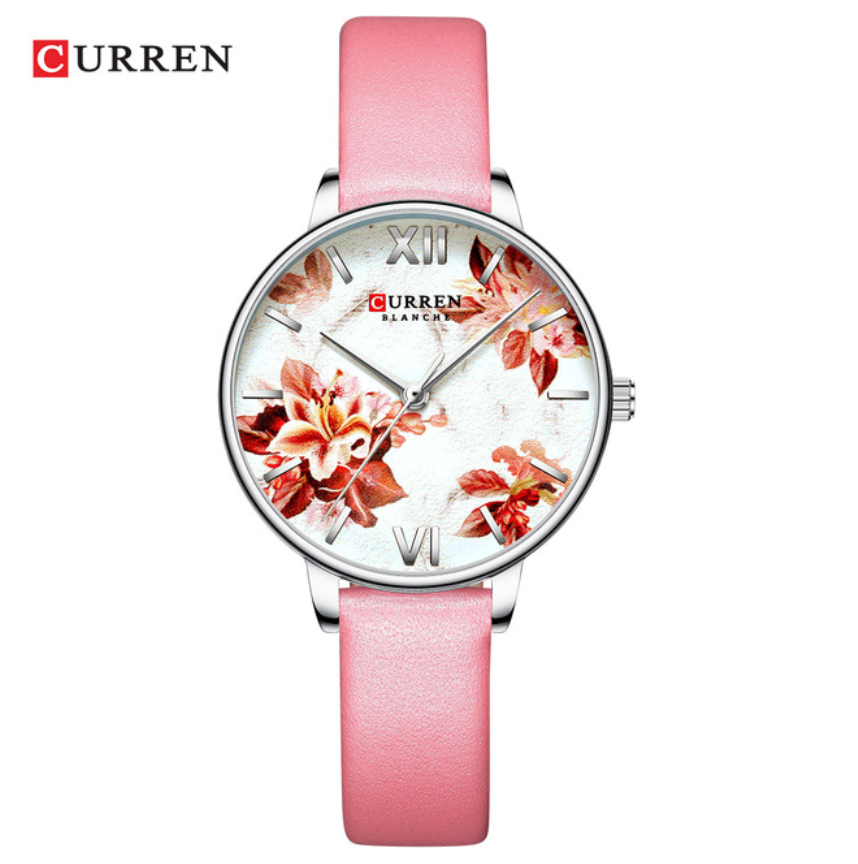 CURREN Beautiful Flower Design Women&apos;s Watches Leather Wristwatch Ladies Clock Women Quartz Watch