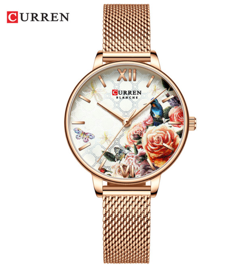 CURREN Beautiful Flower Design Women&apos;s Watches Leather Wristwatch Ladies Clock Women Quartz Watch