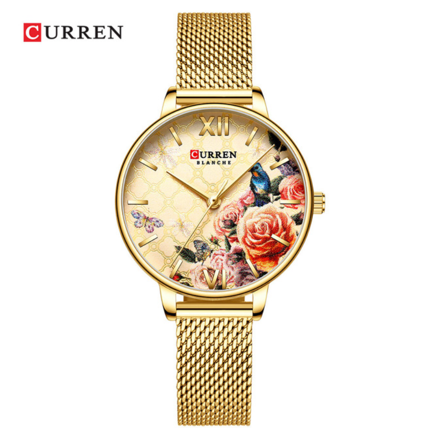 CURREN Beautiful Flower Design Women&apos;s Watches Leather Wristwatch Ladies Clock Women Quartz Watch