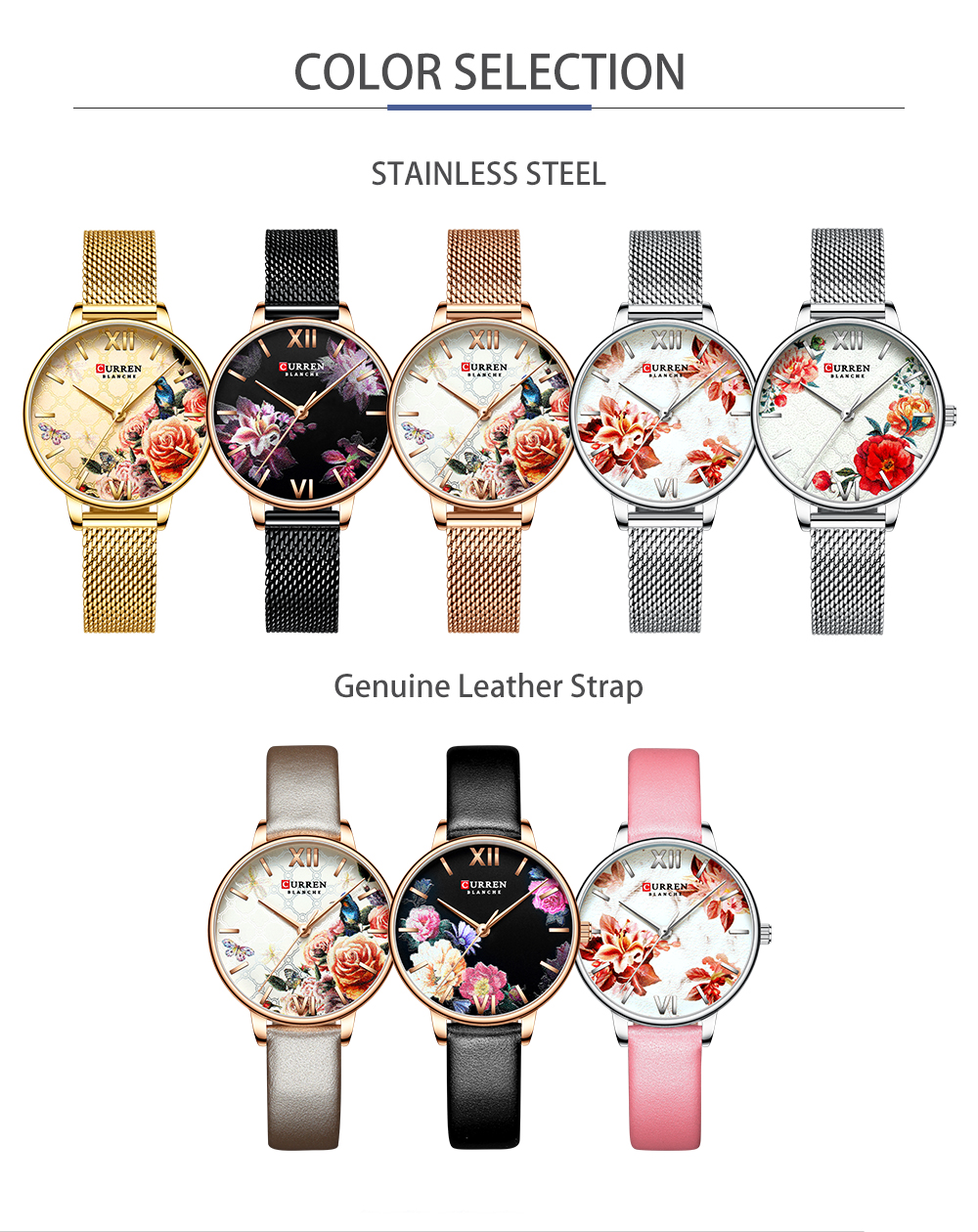 CURREN Beautiful Flower Design Women&apos;s Watches Leather Wristwatch Ladies Clock Women Quartz Watch