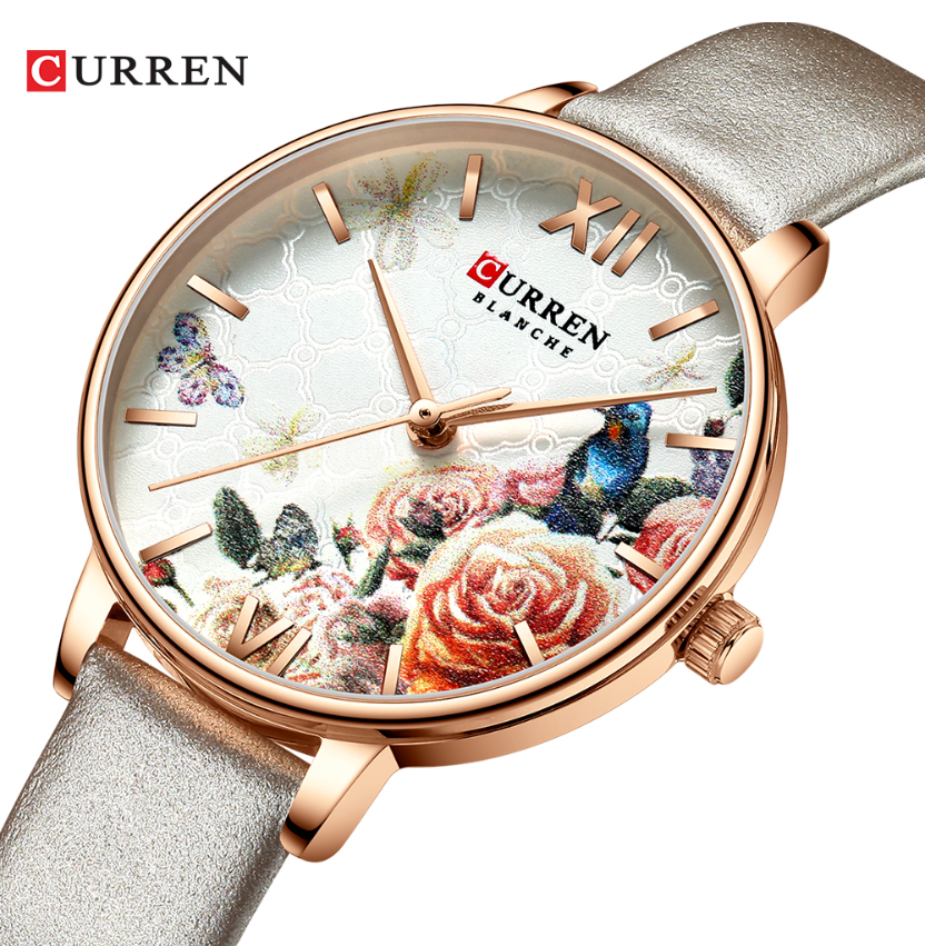 CURREN Beautiful Flower Design Women&apos;s Watches Leather Wristwatch Ladies Clock Women Quartz Watch