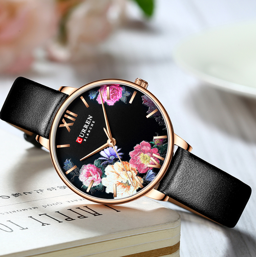 CURREN Beautiful Flower Design Women&apos;s Watches Leather Wristwatch Ladies Clock Women Quartz Watch