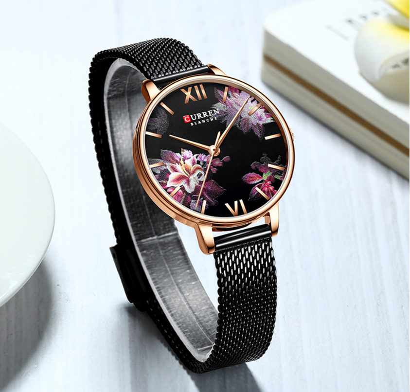 CURREN Beautiful Flower Design Women&apos;s Watches Leather Wristwatch Ladies Clock Women Quartz Watch