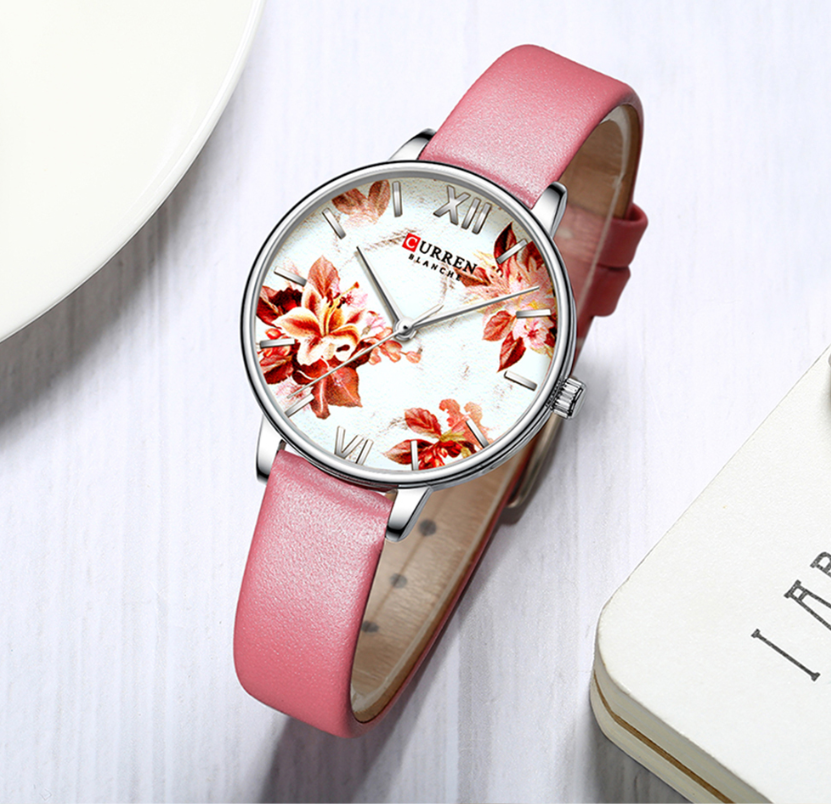 CURREN Beautiful Flower Design Women&apos;s Watches Leather Wristwatch Ladies Clock Women Quartz Watch