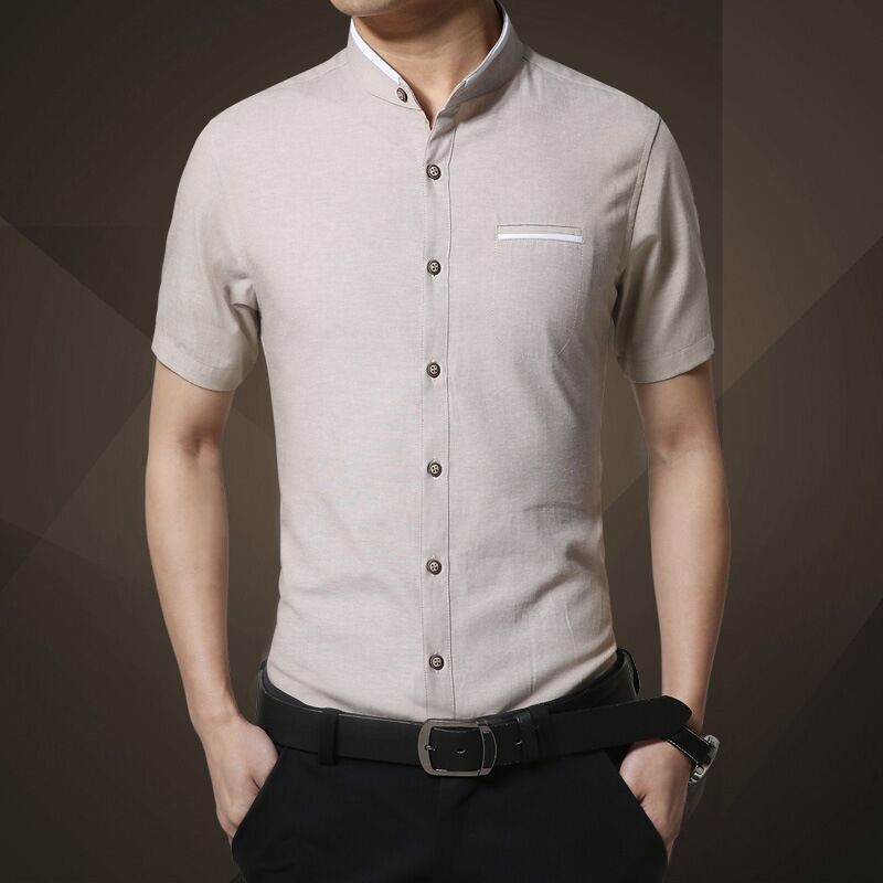 New Arrival Men Shirts Short Sleeve Shirt Slim Cotton Top Stand Colar Office Work Shirt