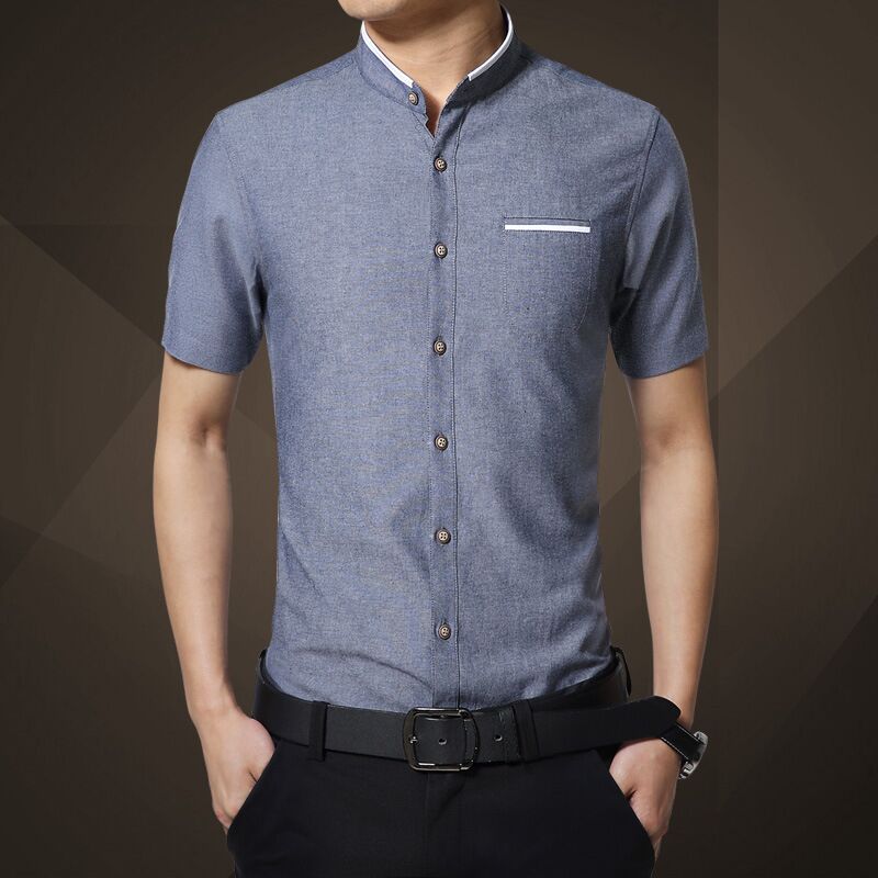 New Arrival Men Shirts Short Sleeve Shirt Slim Cotton Top Stand Colar Office Work Shirt