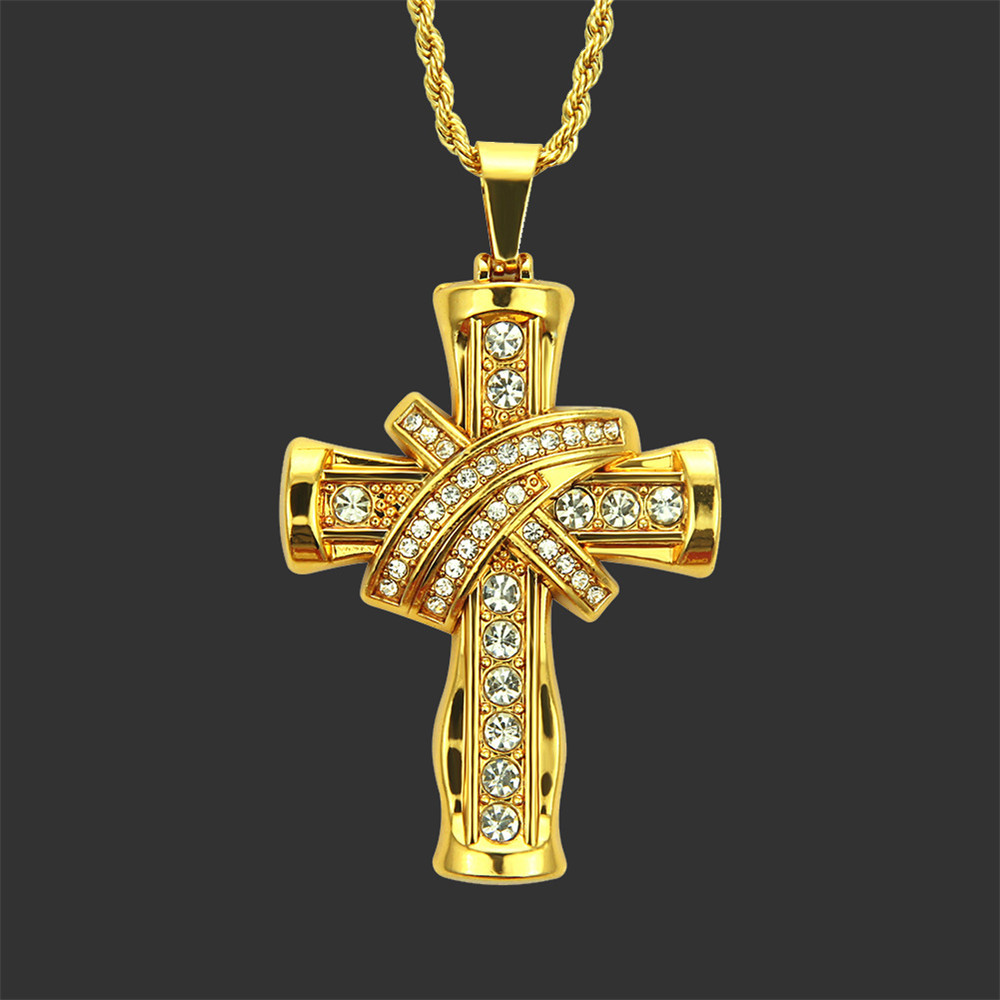 New Arrival Trendy Cross Pendant Iced Out Shining Crystal Gold Chain Necklace Hip Hop Cuba Jewelry