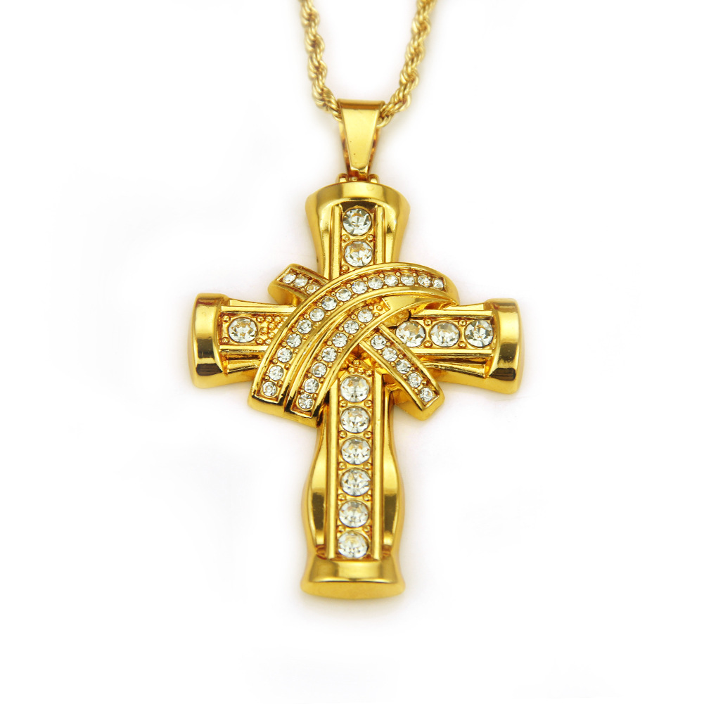 New Arrival Trendy Cross Pendant Iced Out Shining Crystal Gold Chain Necklace Hip Hop Cuba Jewelry