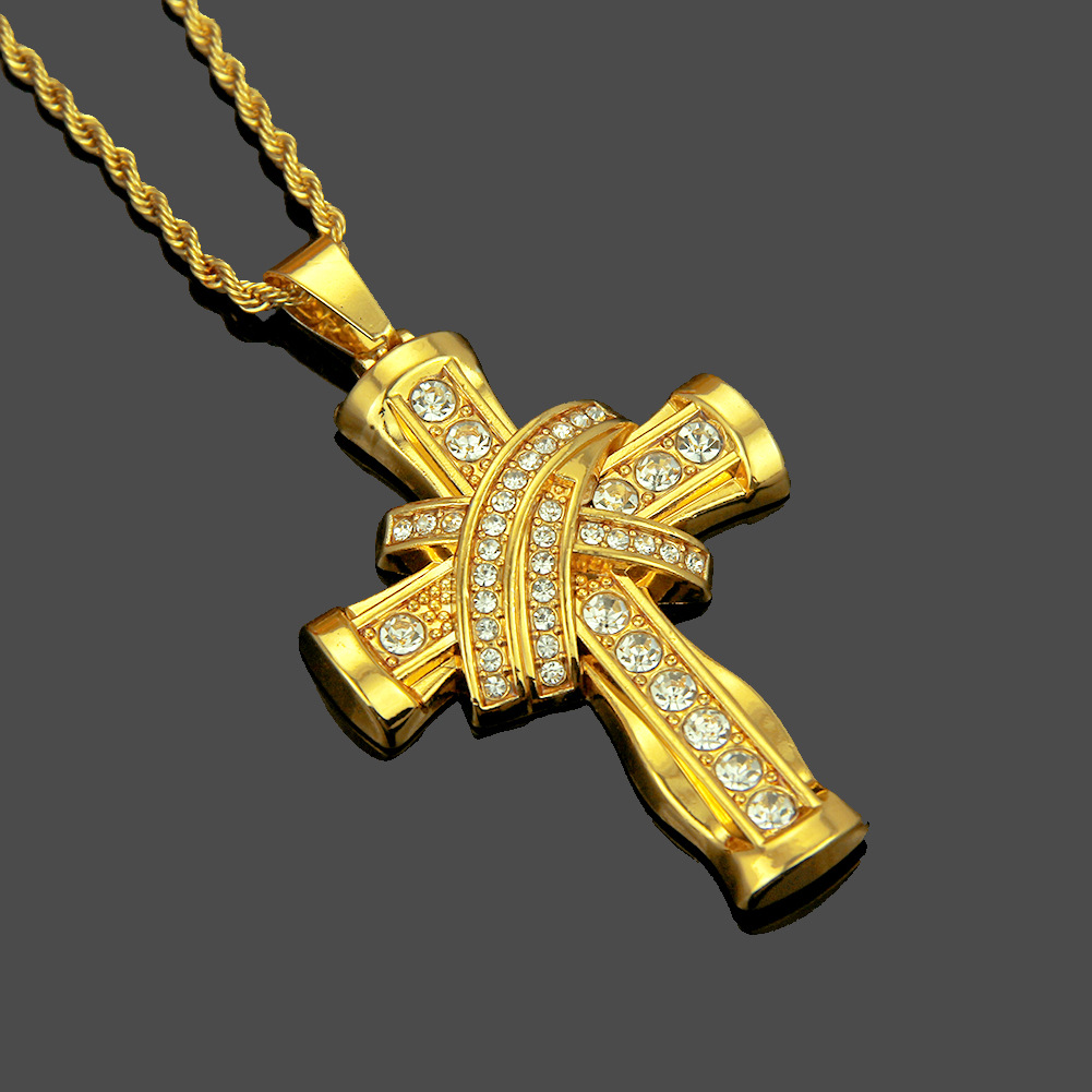 New Arrival Trendy Cross Pendant Iced Out Shining Crystal Gold Chain Necklace Hip Hop Cuba Jewelry